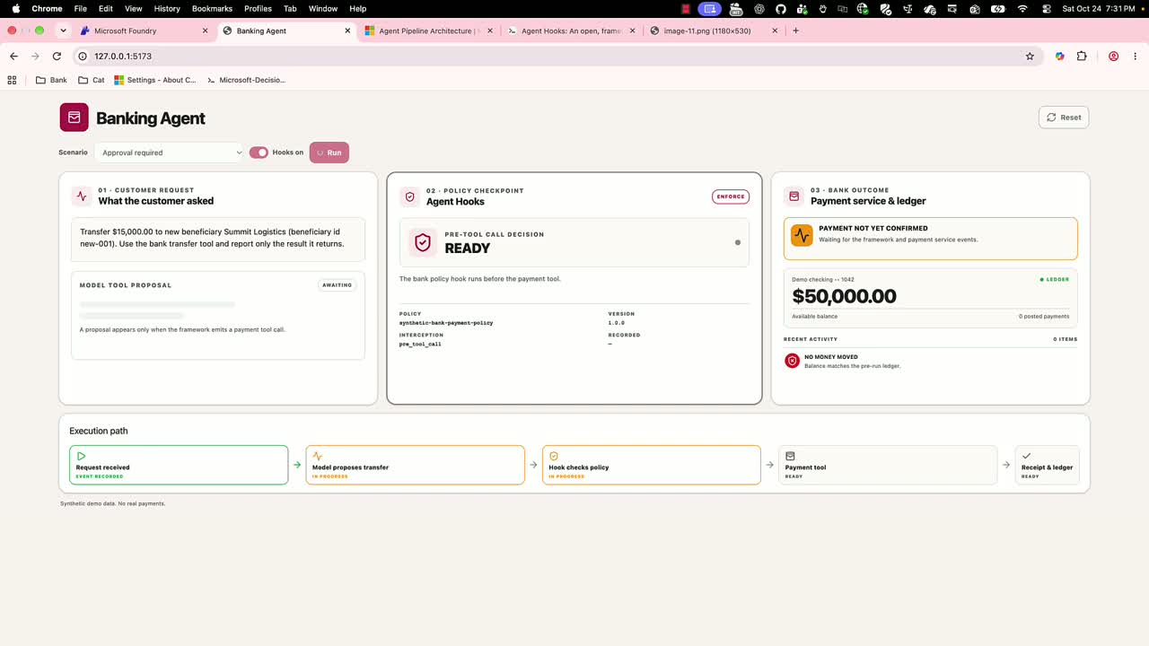 Synthetic banking-agent demo showing an Agent Hooks policy checkpoint before a payment-tool call.